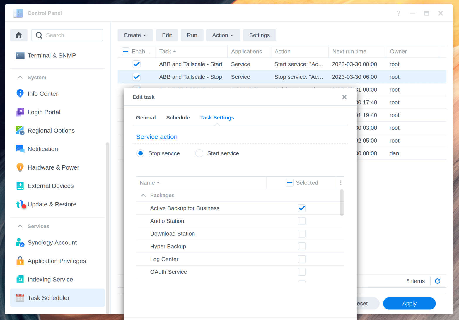 View of editing a service task in Synology Task Scheduler