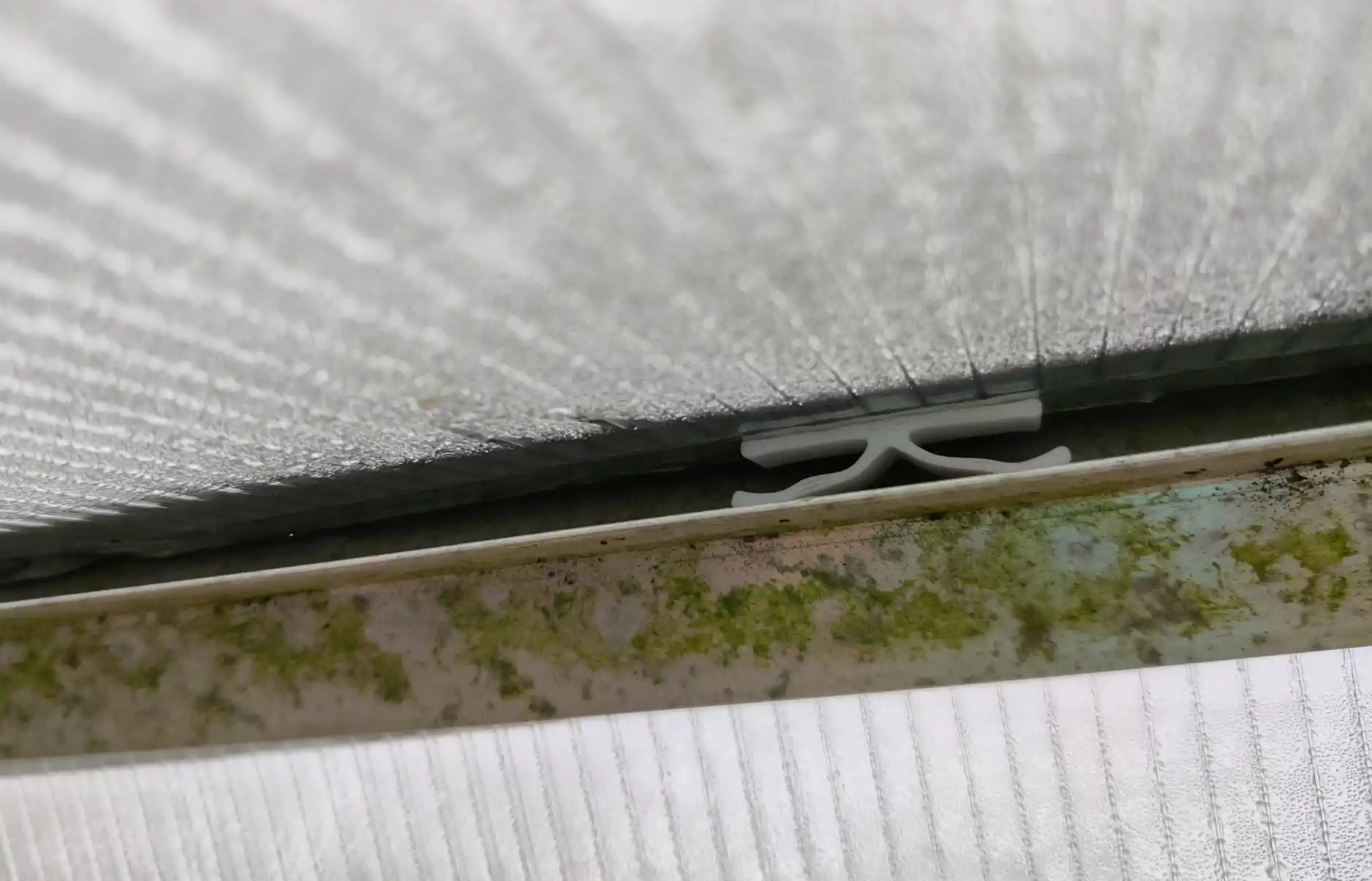 A white plastic spring clip, with a flat top pressing against the roof pane, and two bent sprung legs pushing against the frame of the greenhouse