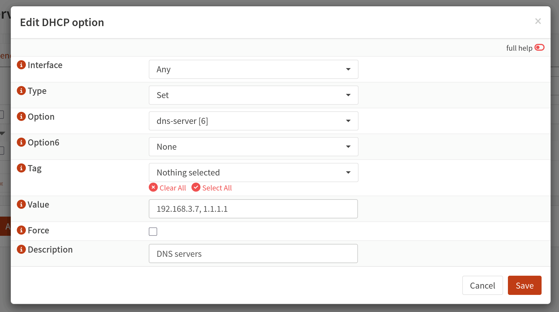 OPNsense “Edit DHCP Option” dialog showing the “dns-server” option value selected, with the value field containing “192.168.3.7, 1.1.1.1”. There’s also a description field set with text “DNS Servers”