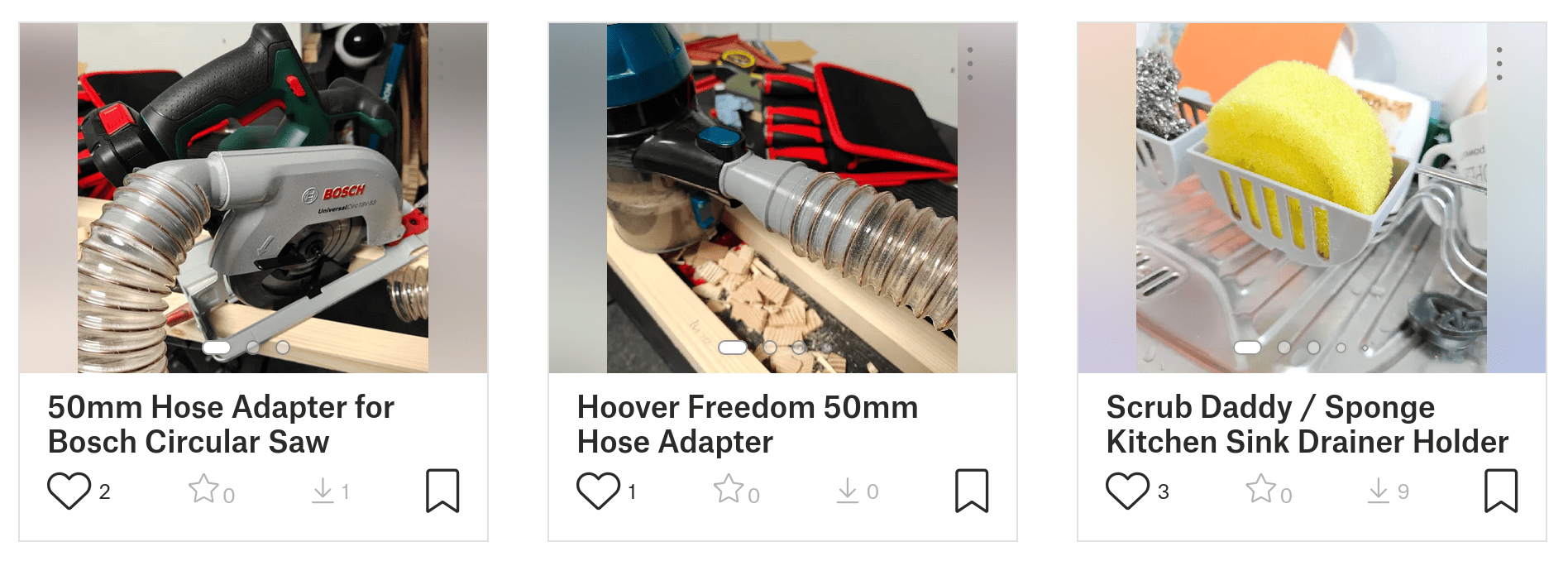 Three 3D-printed models, the first two showing a saw and vacuum connected to a hose, and the third showing a yellow scrub daddy sponge within a holder that’s mounted to a rack