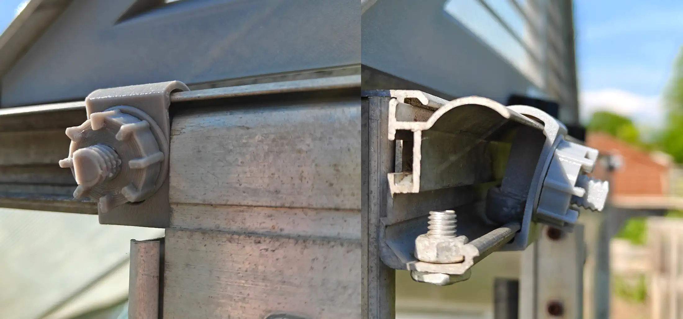 A two-view image. One of a clamp surrounding a door rail, next to a greenhouse door, fixed on the front nut. Then a side view, showing the profile of the door rail, with a part within the door rail.