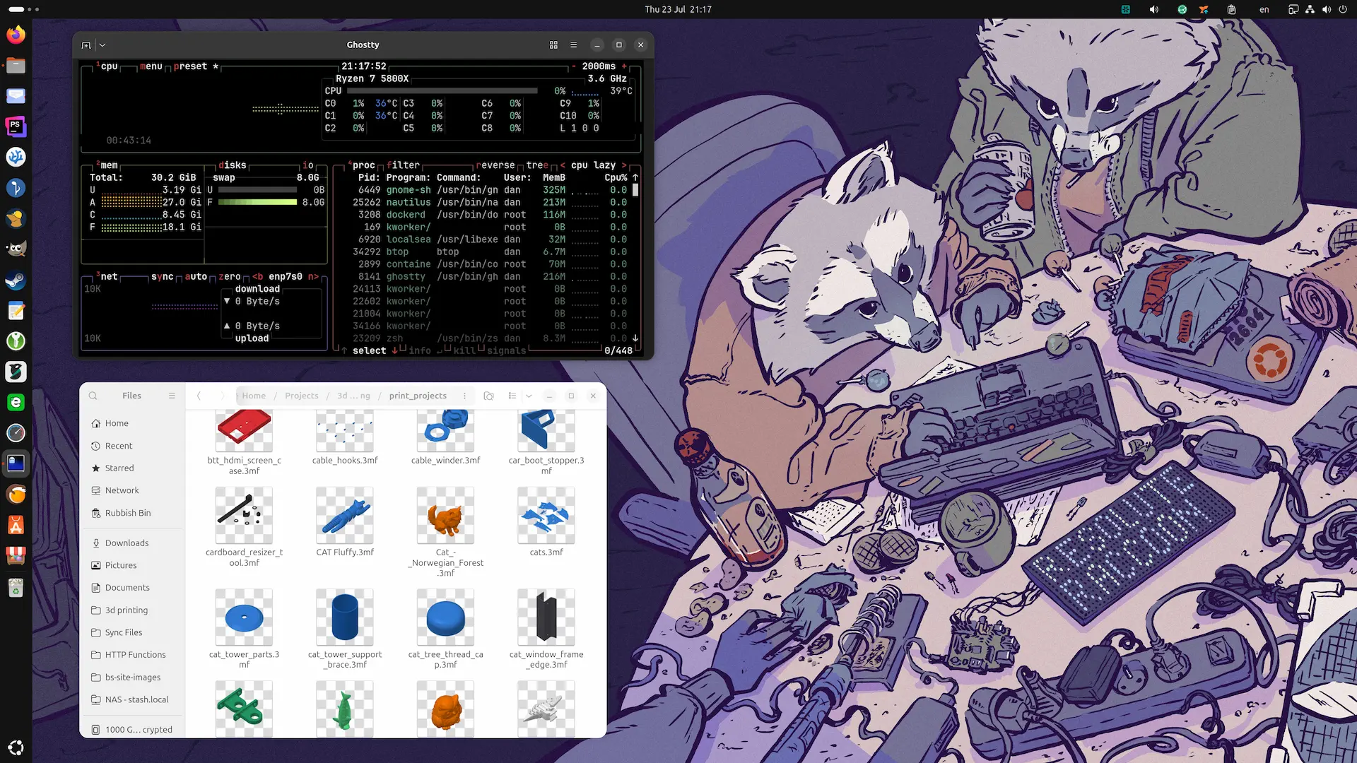 A screenshot of my Ubuntu desktop, showing a terminal running btop, a file manager view with a grid of 3d models, and a purple style background featuring sketchy drawn Raccoons tinkering with computers and electronics