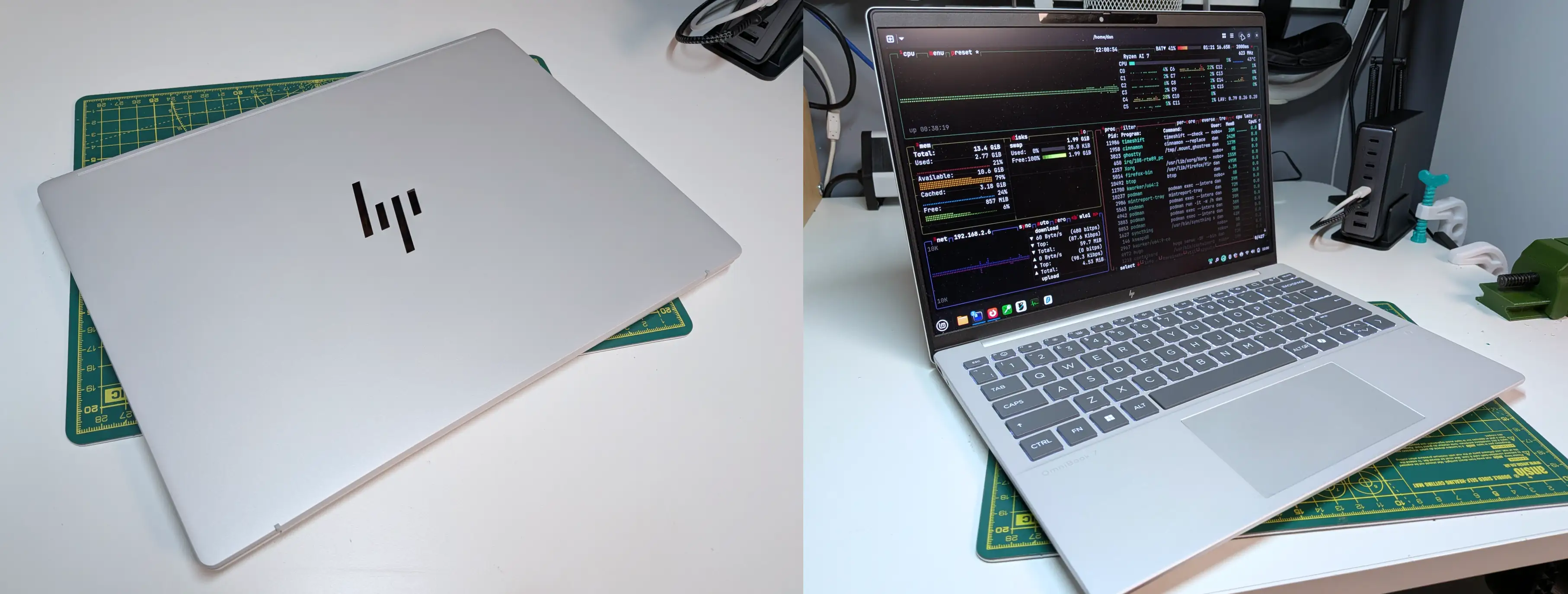 Two side-by-side photos: the silver HP OmniBook 7 Aero with the HP logo on its closed lid, and it open running the btop system monitor